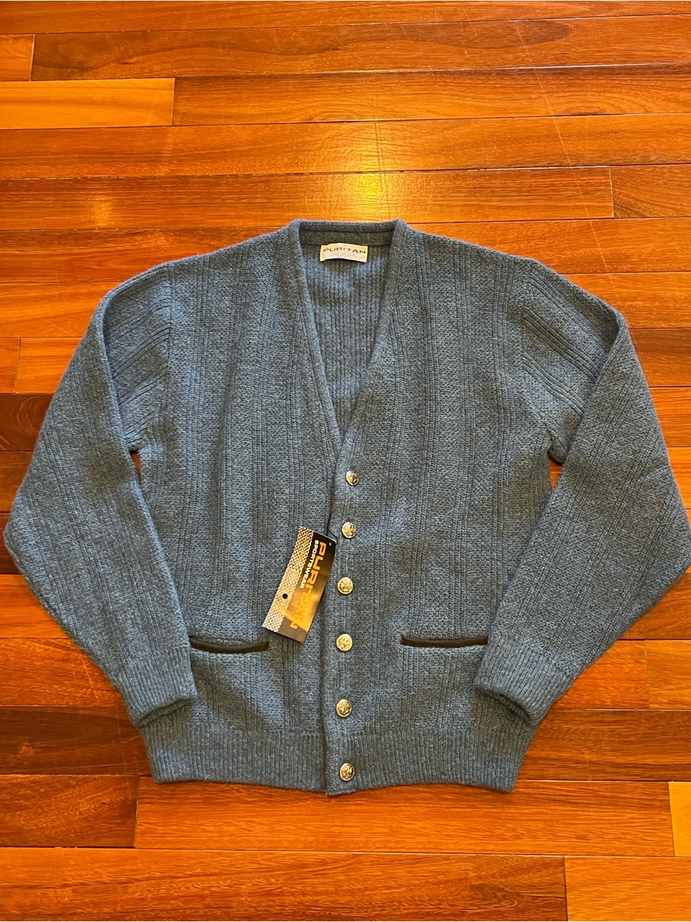 New Puritan Blue Double-Breasted V-Neck Cardigan Sweater